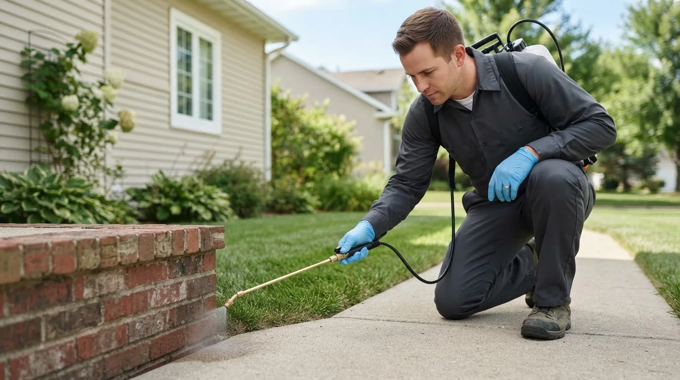 Pest control technician treating a home near Olmitz, KS