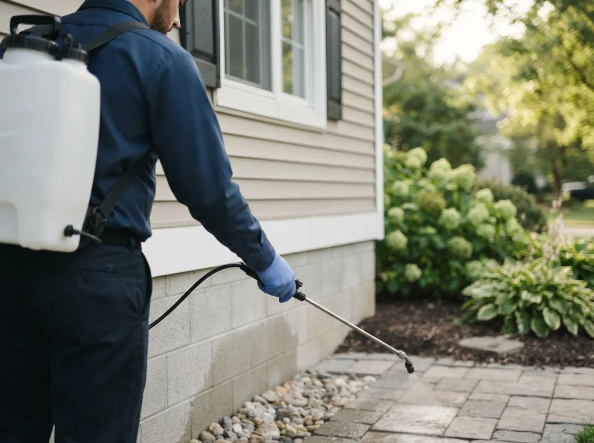 Pest control technician inspecting a home in Olmitz, KS